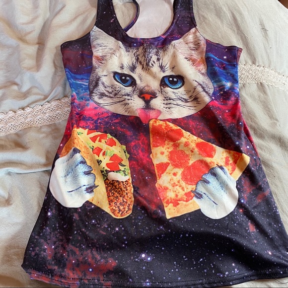 Gildan Tops - Silky Galaxy Cat eating Pizza & Tacos Racerback Tank Top